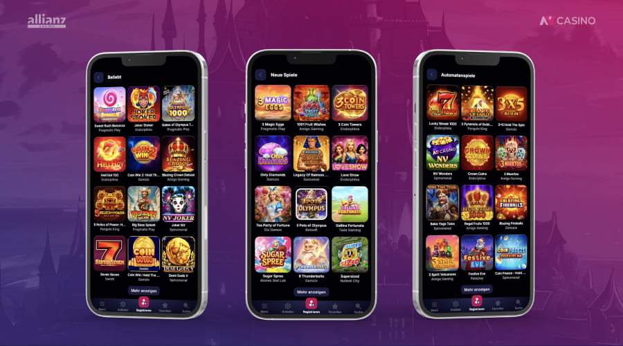 Auswahl an Spielautomaten mit Listenansicht auf Mobilgeräten